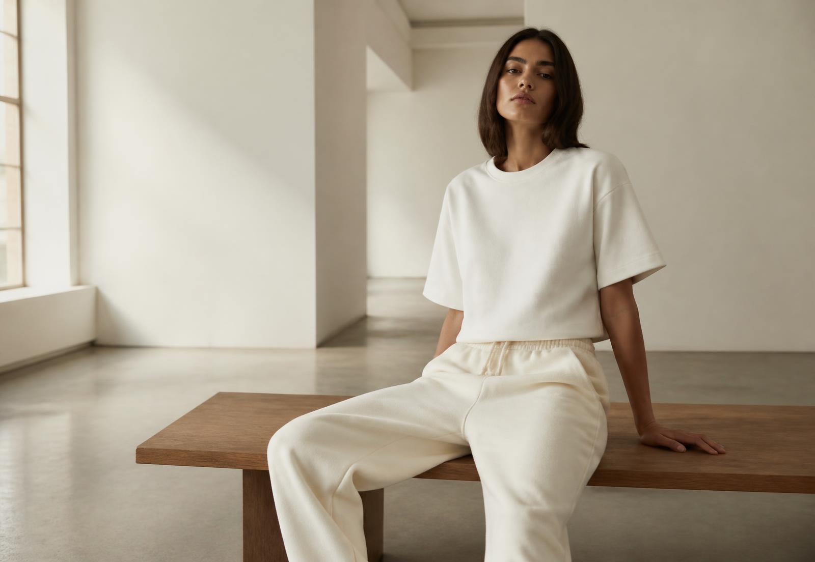 Model seated in a bright gallery wearing a white tee and off-white sweatpants