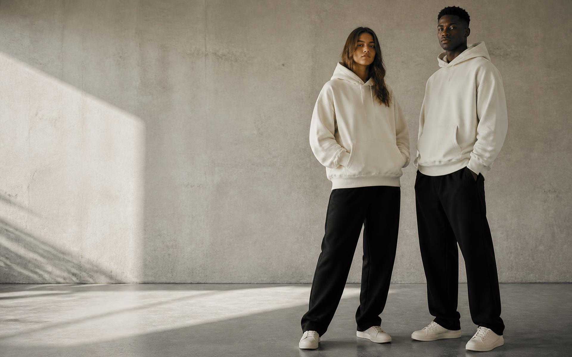 Two models wearing an off-white hoodie and black sweatpants from Song of Songs