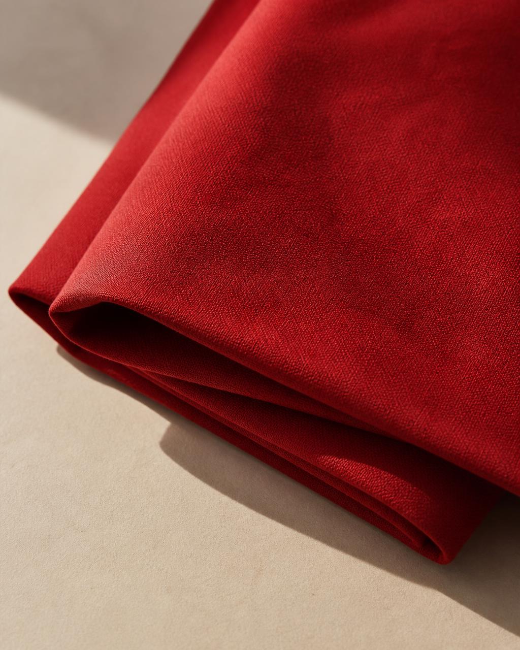 Red heavyweight fabric teasing an upcoming seasonal colourway